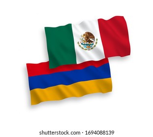 National vector fabric wave flags of Mexico and Armenia isolated on white background. 1 to 2 proportion.