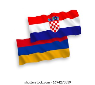 National vector fabric wave flags of Armenia and Croatia isolated on white background. 1 to 2 proportion.