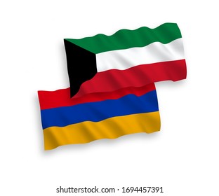 National vector fabric wave flags of Armenia and Kuwait isolated on white background. 1 to 2 proportion.