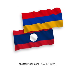 National vector fabric wave flags of Armenia and Laos isolated on white background. 1 to 2 proportion.