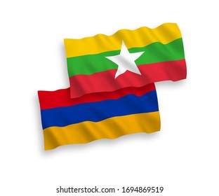 Gewebeflags der nationalen Vektorillustration mit Wellen von Armenien und Myanmar einzeln auf weißem Hintergrund. 1 bis 2 %.