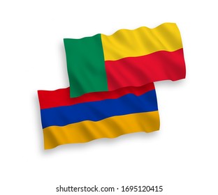 National vector fabric wave flags of Armenia and Benin isolated on white background. 1 to 2 proportion.