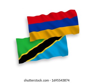 Banderas nacionales de tejido vectorial de Armenia y Tanzania aisladas en fondo blanco. 1 a 2 proporciones.