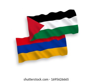 National vector fabric wave flags of Armenia and Palestine isolated on white background. 1 to 2 proportion.