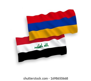 Banderas de la ola de tela vectorial nacional de Armenia e Iraq aisladas en fondo blanco. 1 a 2 proporciones.