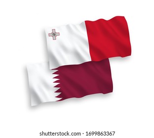 National vector fabric wave flags of Malta and Qatar isolated on white background. 1 to 2 proportion.