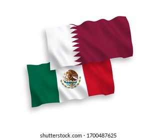 National vector fabric wave flags of Mexico and Qatar isolated on white background. 1 to 2 proportion.