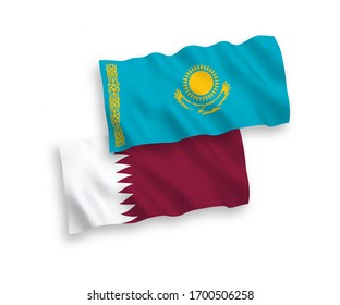 National vector fabric wave flags of Kazakhstan and Qatar isolated on white background. 1 to 2 proportion.