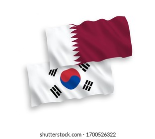 National vector fabric wave flags of South Korea and Qatar isolated on white background. 1 to 2 proportion.