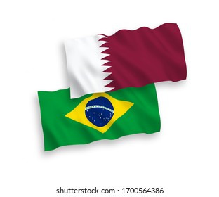 National vector fabric wave flags of Brazil and Qatar isolated on white background. 1 to 2 proportion.