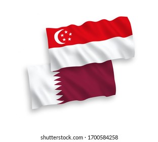 National vector fabric wave flags of Qatar and Singapore isolated on white background. 1 to 2 proportion.