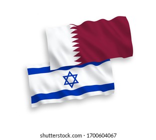 National vector fabric wave flags of Qatar and Israel isolated on white background. 1 to 2 proportion.