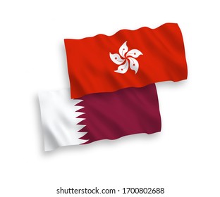 National vector fabric wave flags of Qatar and Hong Kong isolated on white background. 1 to 2 proportion.