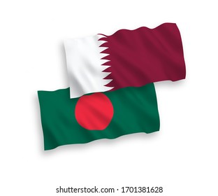 National vector fabric wave flags of Qatar and Bangladesh isolated on white background. 1 to 2 proportion.