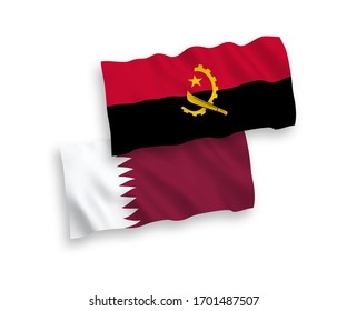 National vector fabric wave flags of Qatar and Angola isolated on white background. 1 to 2 proportion.