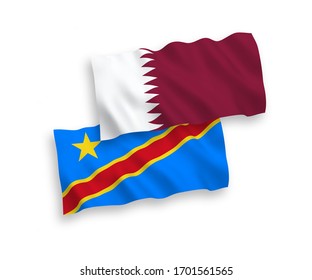 National vector fabric wave flags of Qatar and Democratic Republic of the Congo isolated on white background. 1 to 2 proportion.