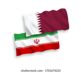 National vector fabric wave flags of Qatar and Iran isolated on white background. 1 to 2 proportion.