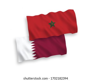 National vector fabric wave flags of Qatar and Morocco isolated on white background. 1 to 2 proportion.