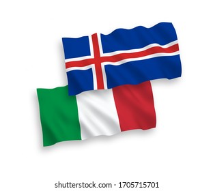 Nationale Vektorillustration-Wellen-Flaggen von Italien und Island einzeln auf weißem Hintergrund. 1 bis 2 %.