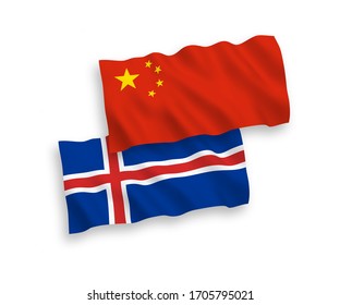 National vector fabric wave flags of Iceland and China isolated on white background 1 to 2 proportion.