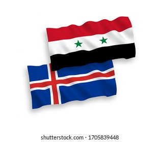 National vector fabric wave flags of Iceland and Syria isolated on white background. 1 to 2 proportion.