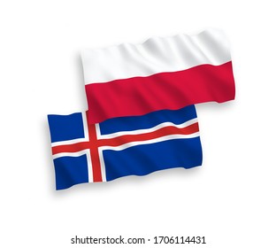 National vector fabric wave flags of Iceland and Poland isolated on white background. 1 to 2 proportion.