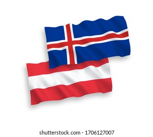 National vector fabric wave flags of Austria and Iceland isolated on white background. 1 to 2 proportion.