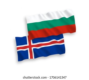 National vector fabric wave flags of Bulgaria and Iceland isolated on white background. 1 to 2 proportion.