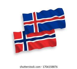 Banderas de olas de tela vectorial nacional de Noruega e Islandia aisladas en fondo blanco. 1 a 2 proporciones.