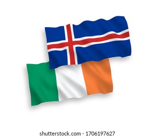 Banderas de olas de tela vectorial nacional de Irlanda e Islandia aisladas en fondo blanco. 1 a 2 proporciones.