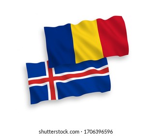 National vector fabric wave flags of Romania and Iceland isolated on white background. 1 to 2 proportion.