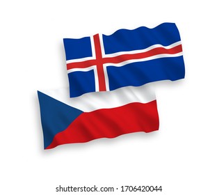 National vector fabric wave flags of Czech Republic and Iceland isolated on white background. 1 to 2 proportion.