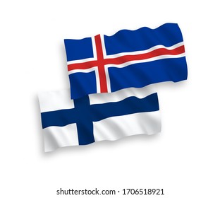 Banderas de olas de tela vectorial nacional de Finlandia e Islandia aisladas en fondo blanco. 1 a 2 proporciones.