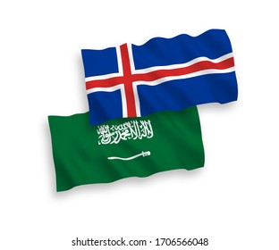 National vector fabric wave flags of Saudi Arabia and Iceland isolated on white background. 1 to 2 proportion.