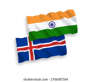 National vector fabric wave flags of India and Iceland isolated on white background. 1 to 2 proportion.