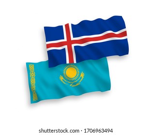 National vector fabric wave flags of Kazakhstan and Iceland isolated on white background. 1 to 2 proportion.