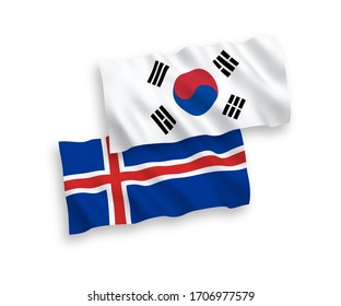 Banderas de olas de tela vectorial nacional de Corea del Sur e Islandia aisladas en fondo blanco. 1 a 2 proporciones.