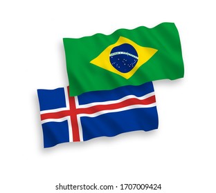 National vector fabric wave flags of Brazil and Iceland isolated on white background. 1 to 2 proportion.