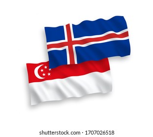 National vector fabric wave flags of Iceland and Singapore isolated on white background. 1 to 2 proportion.