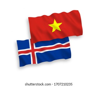 Banderas nacionales de tejido vectorial de Islandia y Vietnam aisladas en fondo blanco. 1 a 2 proporciones.