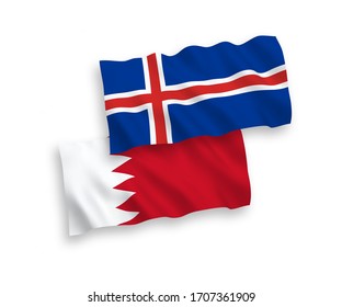 National vector fabric wave flags of Iceland and Bahrain isolated on white background. 1 to 2 proportion.
