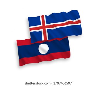 National vector fabric wave flags of Iceland and Laos isolated on white background. 1 to 2 proportion.