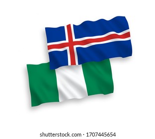 Banderas de olas de tela vectorial nacional de Islandia y Nigeria aisladas en fondo blanco. 1 a 2 proporciones.