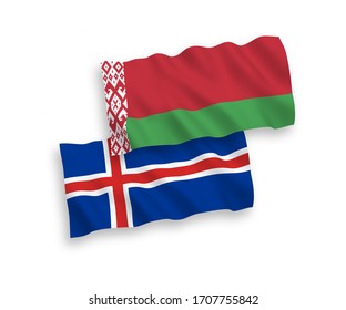 Banderas de olas de tela vectorial nacional de Islandia y Bielorrusia aisladas en fondo blanco. 1 a 2 proporciones.