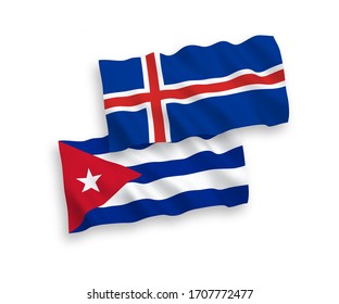 National vector fabric wave flags of Iceland and Cuba isolated on white background. 1 to 2 proportion.