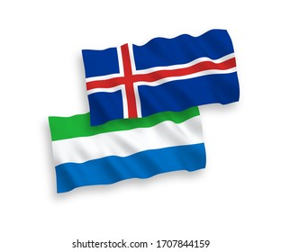 National vector fabric wave flags of Iceland and Sierra Leone isolated on white background. 1 to 2 proportion.