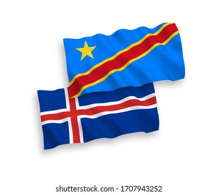 Banderas de ondulación de tela vectorial nacional de Islandia y la República Democrática del Congo aisladas de fondo blanco. 1 a 2 proporciones.