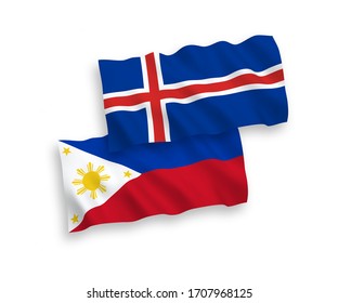 Banderas de olas de tela vectorial nacional de Islandia y Filipinas aisladas en fondo blanco. 1 a 2 proporciones.