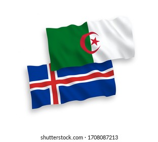 National vector fabric wave flags of Iceland and Algeria isolated on white background. 1 to 2 proportion.