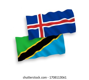 National vector fabric wave flags of Iceland and Tanzania isolated on white background. 1 to 2 proportion.